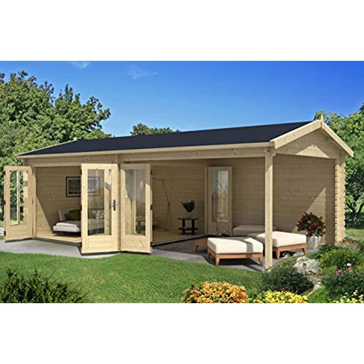 Alpholz Gartenhaus Freiburg-44 aus Massiv Holz, Freizeithaus, Blockhaus 44 mm Wandstärke, Garten Holzhaus Terrasse, Überdachung, Sitzecke Größe: 755 x 399 cm mit 2 Falttüren – Bild 2