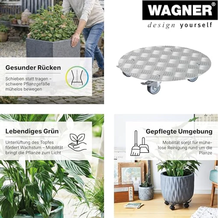 WAGNER Pflanzenroller Alaska Ø 30 cm I Pflanzenroller & Blumenroller für Außenbereich + Innenbereich I Kübelroller aus Aluminium mit 2 Total-Feststellern I Tragkraft 150kg I Made in Germany?20700501 – Bild 7