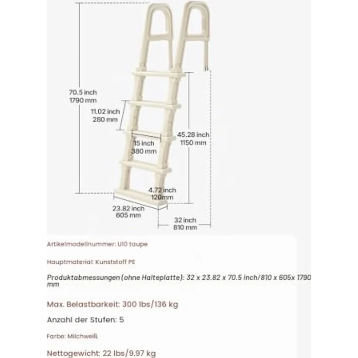 VEVOR Poolleiter U10, 5 Stufen, 75° Neigung, 136 kg Tragkraft, Milchweiß, für 122-137 cm große Einbau- und Aufstellbecken – Bild 7
