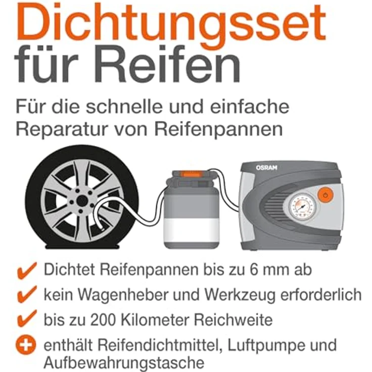 Osram TYREseal Kit Essential, Reifenkompressor mit Dichtmittel (0.45 l), repariert Reifenschäden bis 6 mm, umweltfreundlich und einfach zu handhaben, inkl. Aufbewahrungstasche – Bild 5