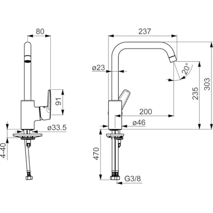 HANSA Hansapolo Spültisch-Einhand-Einlochbatterie, 203 mm Ausladung, 120° schwenkbar, 12 l/min Durchflussmenge – Bild 2