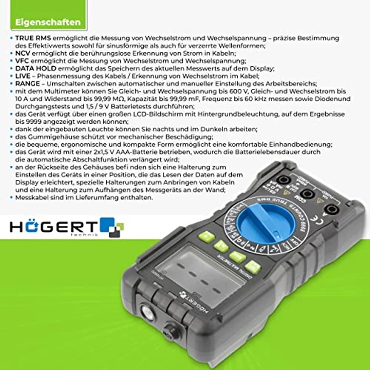 HÖGERT TECHNIK Digitales Multimeter HT203 mit TRUE RMS, NCV, VFC, LCD-Anzeige, 600 V Spannung, 10 A Strom, für Elektro, Kfz und Werkstatt – Bild 3