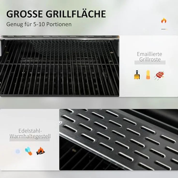 Outsunny Holzkohlegrill, Campinggrill mit zwei Grillrost, klappbar Seitenablage, Grillwagen mit Regal, Griff für BBQ, Edelstahl, Schwarz, 120 x 64 x 114 cm – Bild 3
