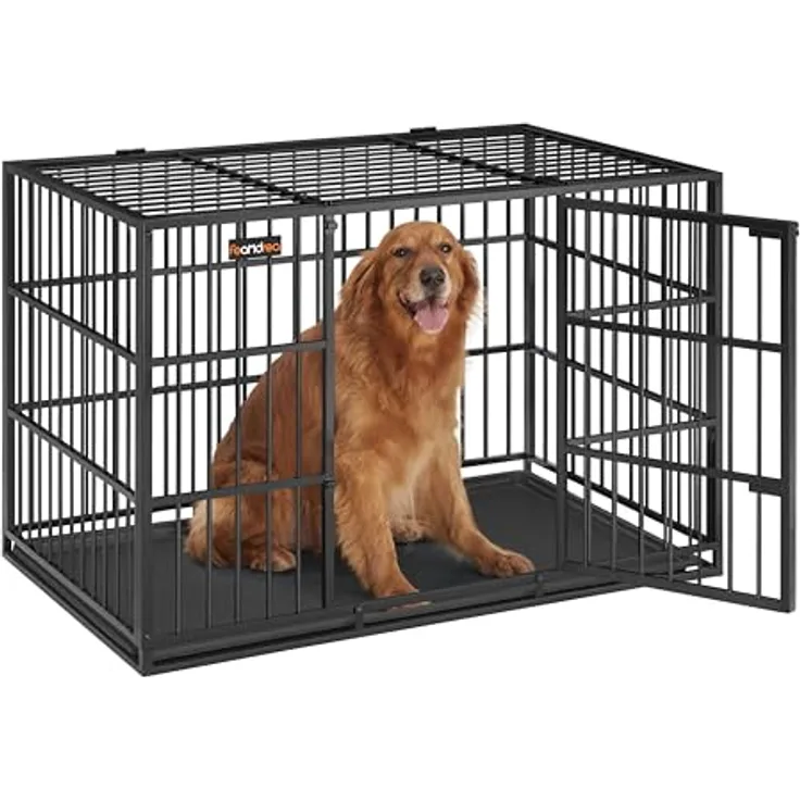 Feandrea Hundekäfig hochbelastbar, Hundebox, 122 x 75 x 80 cm, tintenschwarz, für große Hunde, Doppeltüren, leicht zu reinigen