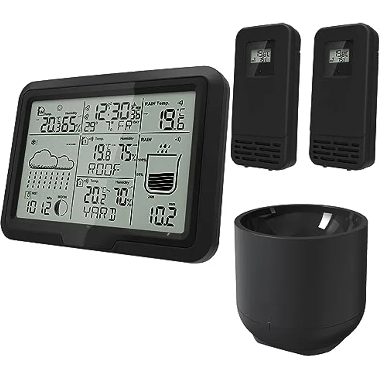 Miraval Design Funk-Wetterstation mit 2 benennbaren Sensoren, Regenmesser, Mondphasenanzeige und Alarmfunktion (Schwarz)