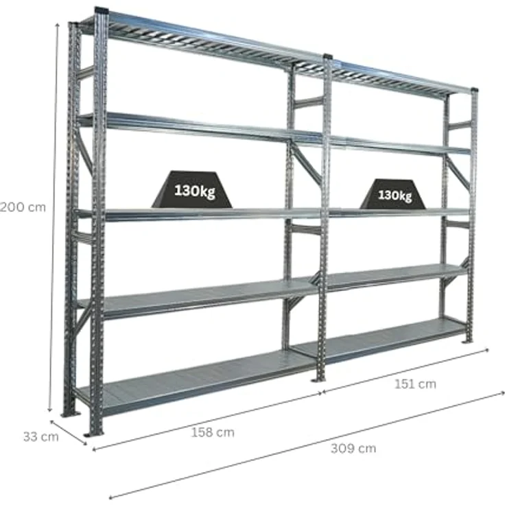 Proregal PROXIMO Metallregal, 200 x 300 x 32 cm, schraubenlos, 5 Böden, Traglast 130 kg pro Boden, verzinkter Stahl – Bild 2
