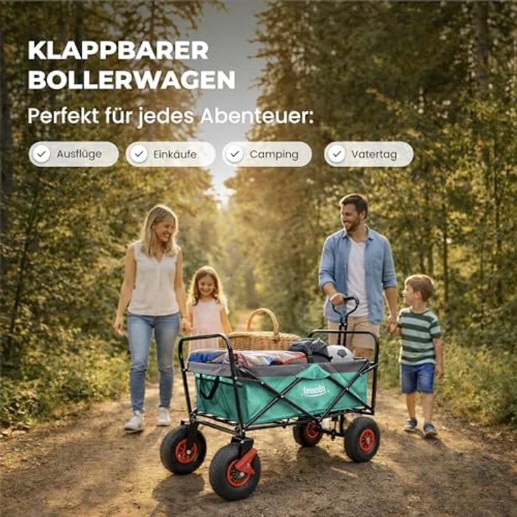 Lemodo Bollerwagen Faltbar mit Luftreifen, 120 kg Tragkraft, klappbarer Handwagen in grün-grau für Strand, Camping & Garten – Bild 3