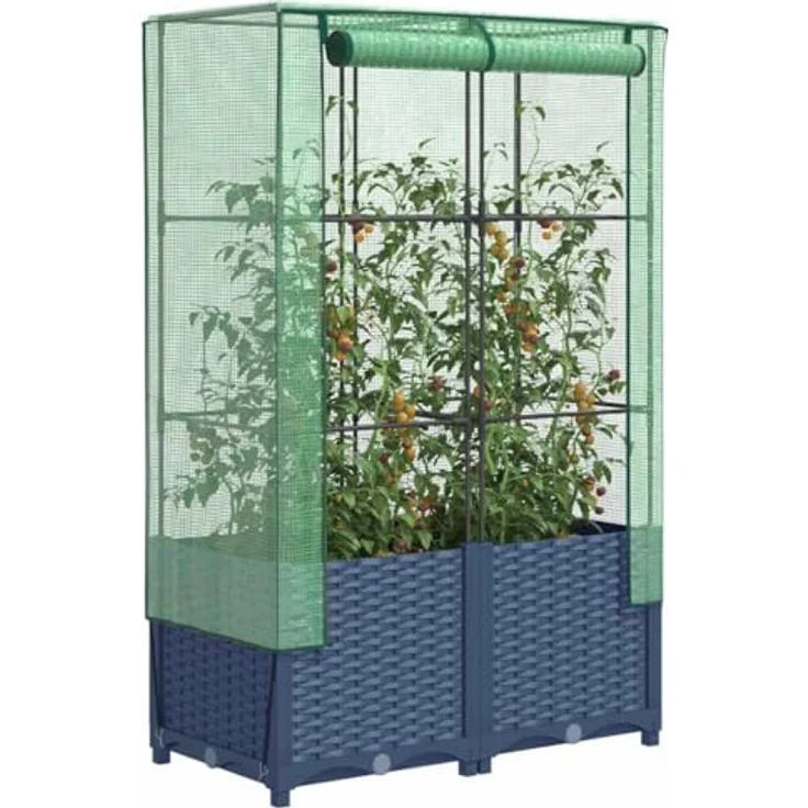 vidaXL Hochbeet Hochbeet mit Gewächshaus-Aufsatz Rattan-Optik 80x40x138 cm (Dunkelgrau) – Bild 3