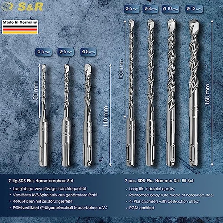 S&R SDS-Plus Hammerbohrer-Set für Beton, Stein & Granit, 5-12mm - Hochwertige Zentrierspitze, Antivibrationskontrolle und Spiralgeometrie – Bild 2
