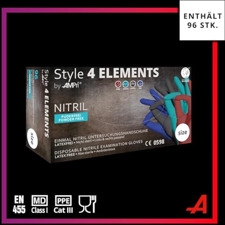 AMPri Nitrilhandschuhe, bunt, Farbenmix, 96 Stück/Box, Größe S, puderfrei, Style 4 Elements by Med-Comfort: Einmalhandschuhe in den Größen XS, S, M, L, XL – Bild 2