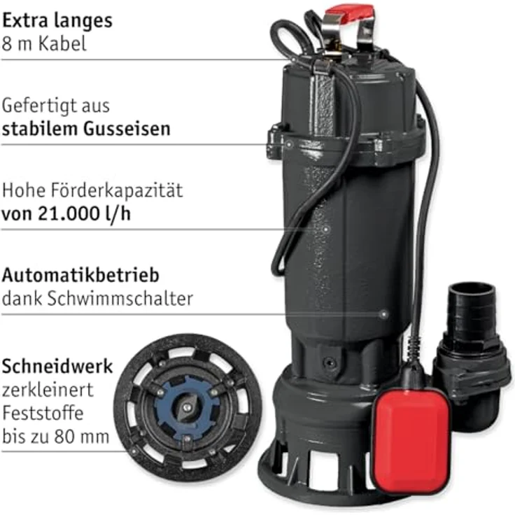 WALTER Schmutzwassertauchpumpe mit Schneidwerk, 1100W, 21.000l/h Fördermenge, max. 15m Förderhöhe, 20m C-Schlauch, 8m Anschlusskabel, Thermoschutz – Bild 2