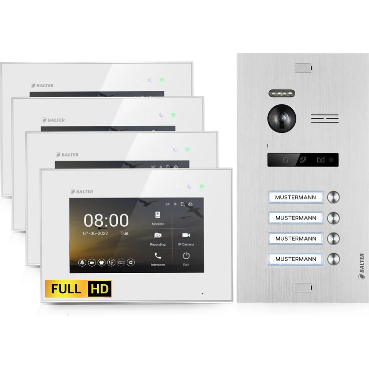 Balter EVO HD Video-Türsprechanlage für 4 Familienhaus, 4x Monitor, 7" Full HD, Weiß
