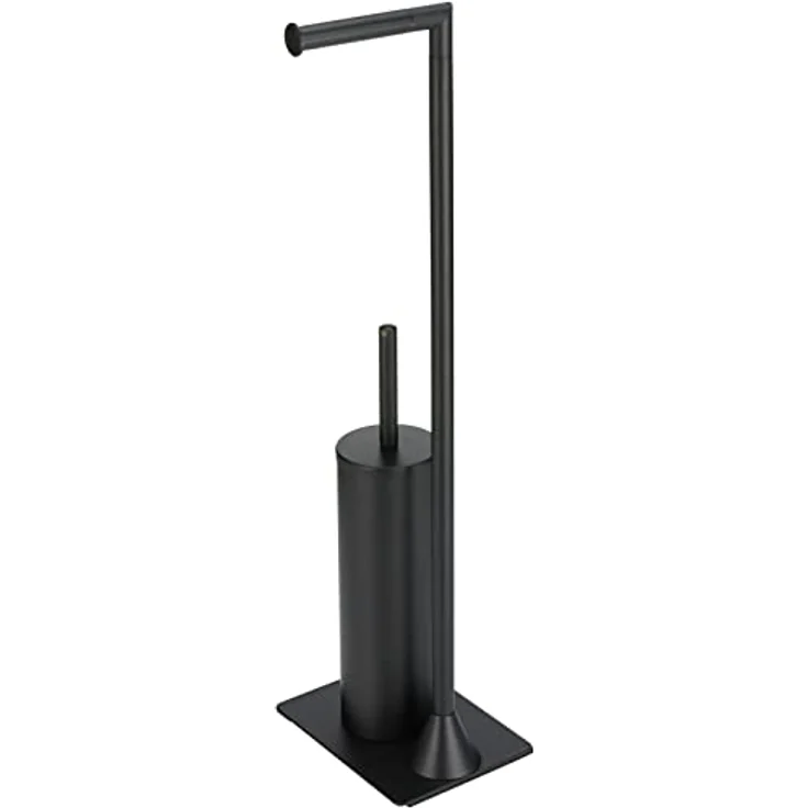 WENKO Stand WC-Garnitur Hella, Ständer für Toilettenpapier & Toilettenbürste, WC-Papierhalter, stehender Rollenhalter inkl. Bürste, Stahl, 15 x 69 x 20 cm, Schwarz matt – Bild 3
