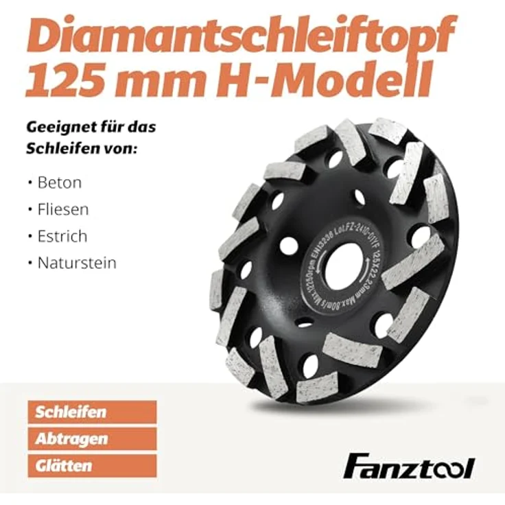 FANZTOOL Premium Diamant-Schleiftopf Abrasiv 125 mm x 22,2 mm Schleifteller Estrich, Asphalt, Putz, abrasive Baustoffe, TURBO-STAUBSAUGUNG-EFFEKT – Bild 4