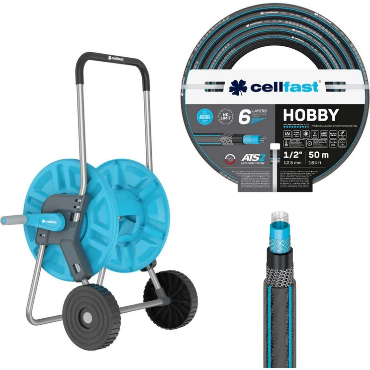 Cellfast Aluplus Schlauchwagen 1/2" 60 m + Gartenschlauch Hobby ATS2 1/2" 50 m, All Season, Anti Algae, Anti Twist, Aluminiumkonstruktion