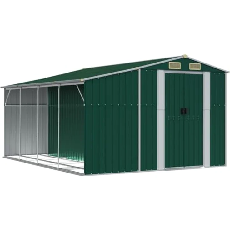 vidaXL Gerätehaus, Gartenhaus mit Schrägdach Griffe, Gartenschuppen Schuppen mit Stauraum, Geräteschuppen Metallschuppen, Grün 277x365,5x179 cm Verzinkter Stahl – Bild 1