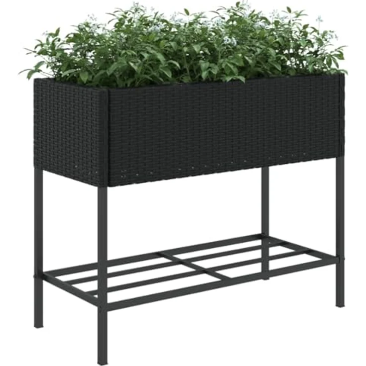vidaXL Pflanzkübel mit Ablage Schwarz Poly Rattan, langlebiges PE-Rattan und stabiles Stahlgestell – Bild 4