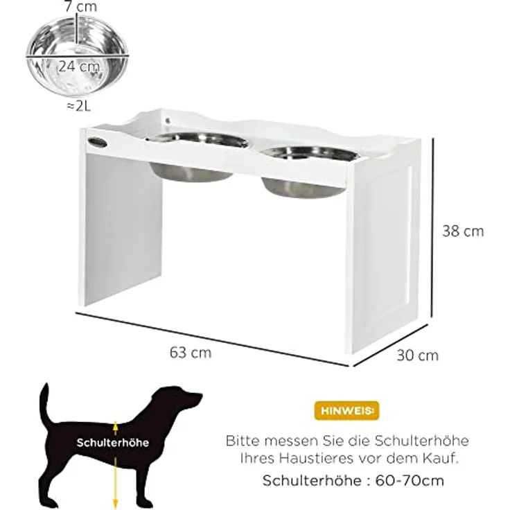PawHut Erhöhter Hundenapf, Futternapf mit erhöhtem Rand, 2 x 2L abnehmbare Hundenapf aus Edelstahl, Fressnapf für sehr grpße Hunde, Futterstation, Weiß – Bild 3