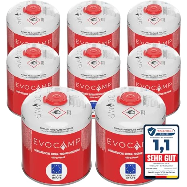 EVOCAMP 8x Propan Butan Gaskartuschen 450g, Schraubkartusche mit Sicherheits-Verschlussautomatik, kompatibel mit Weber Q100/1000-Serien, Eurogewinde 7/16"