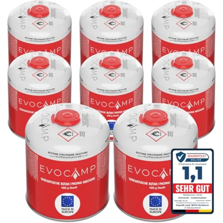 EVOCAMP 8x Propan Butan Gaskartuschen 450g, Schraubkartusche mit Sicherheits-Verschlussautomatik, kompatibel mit Weber Q100/1000-Serien, Eurogewinde 7/16" – Bild 1
