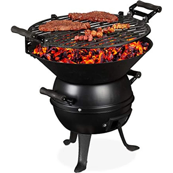 Relaxdays Holzkohlegrillfass klein, Gusseisen und Stahl, höhenverstellbar, tragbar, Barbecue Holzkohlegrill, Holzkohlegrillrost 35 cm, schwarz – Bild 2