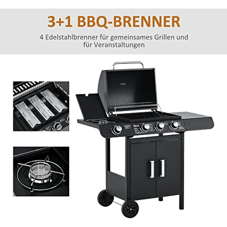 Outsunny Gasgrill BBQ Grillwagen mit 3 Brennern 1 Seitenbrenner Druckminderer Schläuche Schrank Multifunktion Stahl Schwarz 110 x 50 x 100 cm – Bild 5