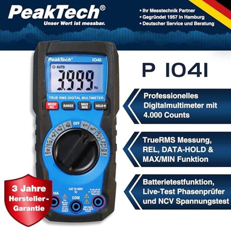 PeakTech Multimeter PeakTech 1041: Mini TrueRMS Digital Multimeter 4000 Counts, stabil und kompakt, mit Batterietester, Frequenzmessung und berührungslosem Spannungsdetektor. – Bild 2