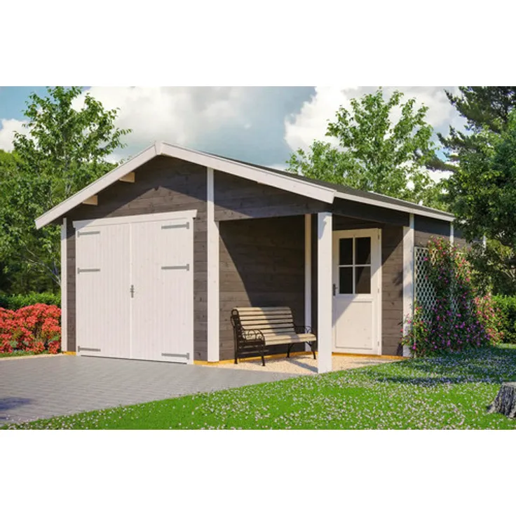 GartenHaus GmbH SKAN Holz Varberg 2 Einzelgarage 540 x 585 cm, schiefergrau, nordisches Fichtenholz, 45 mm Wandstärke, inkl. Garagentor