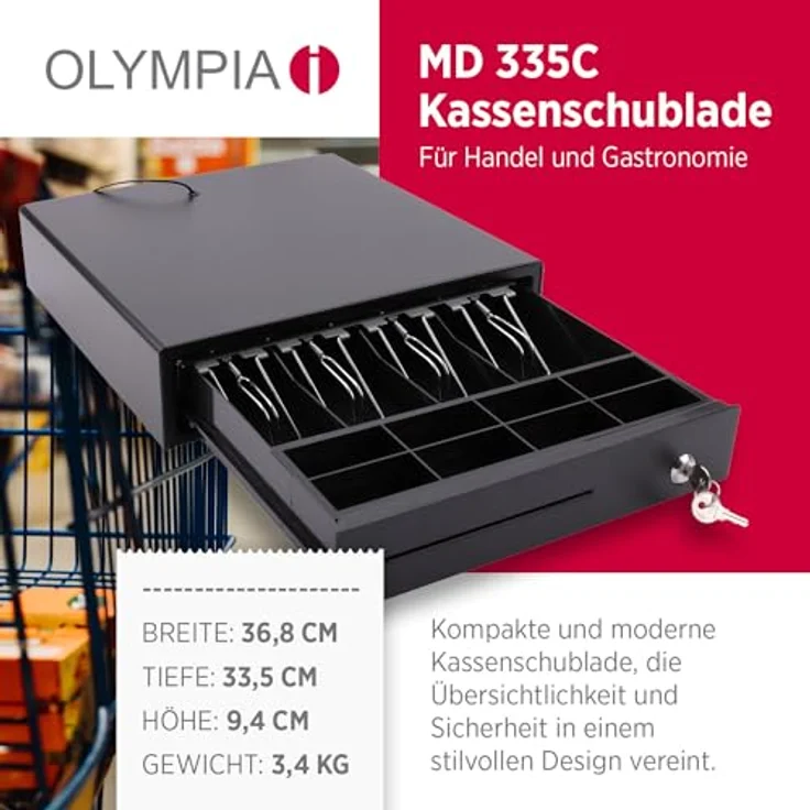 Olympia MD 335C Kassenschublade mit 4 Fächern für Banknoten und 8 für Münzen - RJ-12 12-24 Volt Anschluss - Solide Kassenschublade 36,8 x 33,5 x 9,4 cm, unversell – Bild 2