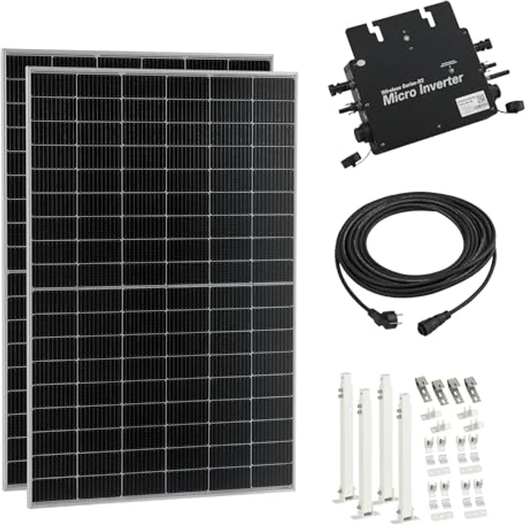 pro.tec Balkonkraftwerk 'Brusson' 800W mit Halterung und Inverter, WiFi-Fernüberwachung, 10m Kabel, Silber/Schwarz