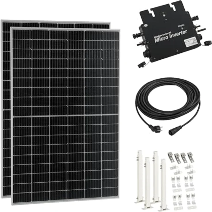 pro.tec Balkonkraftwerk 'Brusson' 800W mit Halterung und Inverter, WiFi-Fernüberwachung, 10m Kabel, Silber/Schwarz – Bild 1