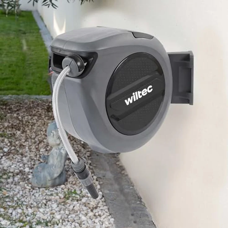 XPOtool Schlauchtrommel, Wand Schlauchbox mit 30m Wasserschlauch, Aufroll-Automatik, witterungsbeständig und 180° schwenkbar – Bild 2