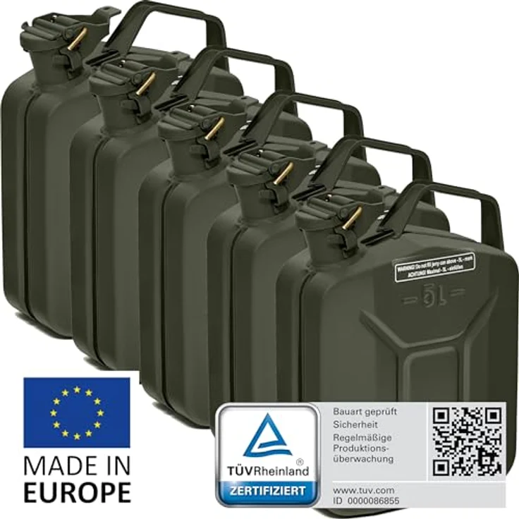 BW® Benzinkanister Metall 5L, Kraftstoffkanister Bronzegrün RAL 6031-F9, TÜV-geprüft, UN-zugelassen, 0,8mm Stahl für Benzin Diesel E10 2-Takt – Bild 2