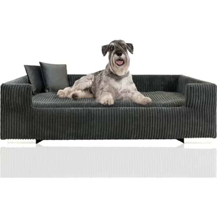 Rohrschneider Hundesofa | Hundebett Cord für mittelgroße und Grosse Hunde, hoher Rand, waschbarer Bezug, Cord aus 100% Polyester | grau | B 90 x T 57 x H 26 cm | inkl. 2X Dekokissen – Bild 1