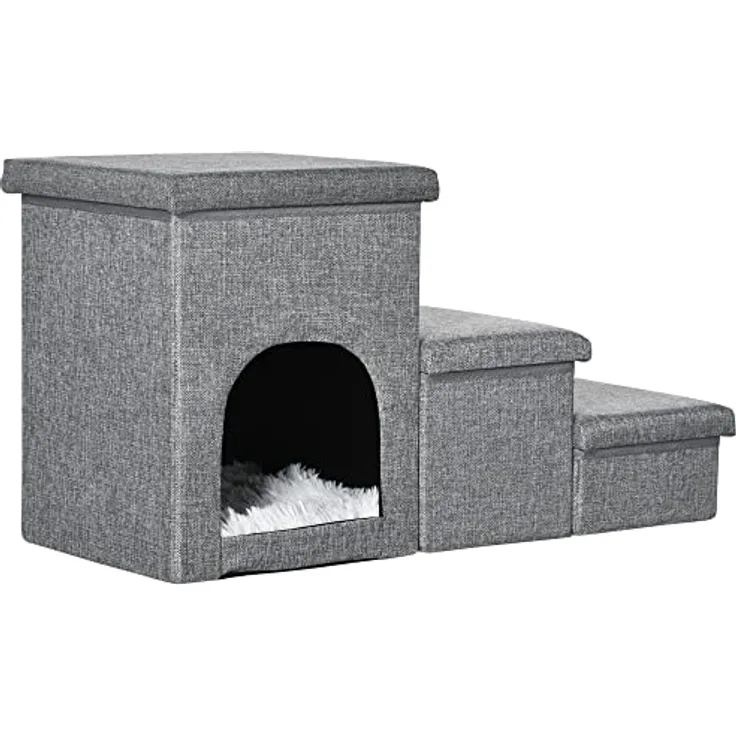 PawHut Hundetreppe, 3 Stufige Katzentreppe mit Höhle, Haustiertreppe mit Stauraum, Kissen, 3-in-1 Haustierrampe, bis 10 kg Belastbar, für Sofa, Bett, Leinen, Hellgrau