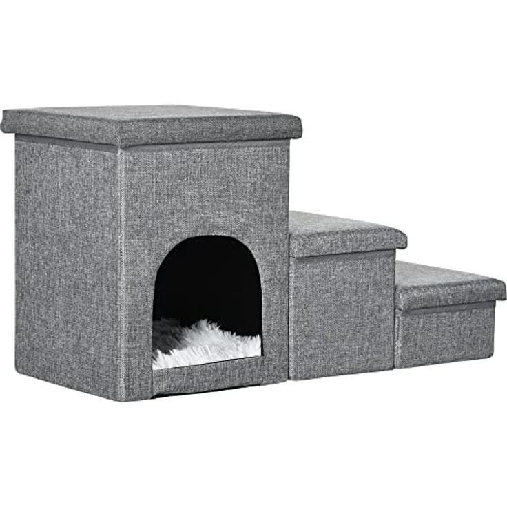 PawHut Hundetreppe, 3 Stufige Katzentreppe mit Höhle, Haustiertreppe mit Stauraum, Kissen, 3-in-1 Haustierrampe, bis 10 kg Belastbar, für Sofa, Bett, Leinen, Hellgrau – Bild 1
