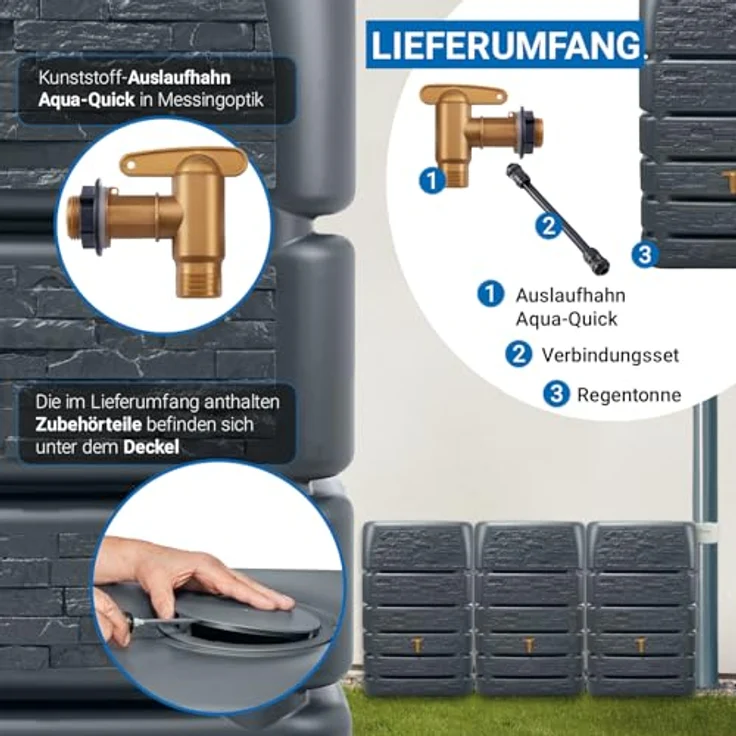 4rain Slim Stone Decor Regentonne Mauertank-Set 1530 Liter, wetterfester Wassertank in Graphite Grey mit flexiblen Anschlussmöglichkeiten – Bild 4