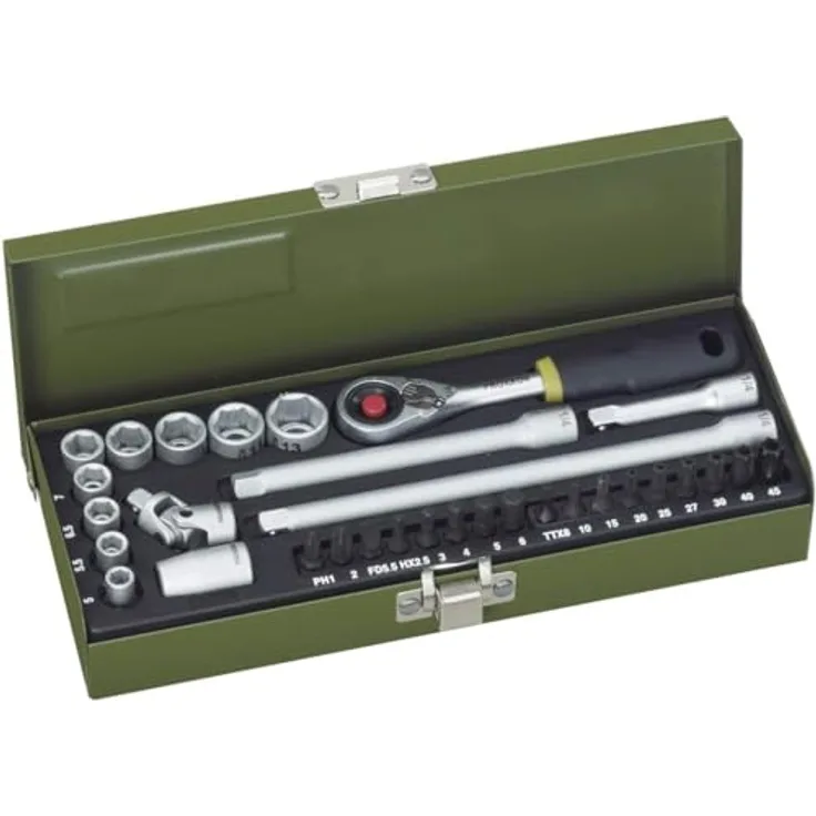 PROXXON INDUSTRIAL Bohrer- und Bitset 23078, 32-teilig mit 1/4" MICRO-Kompaktratsche und starkem Magneteinsatz, im stabilen Stahlkasten
