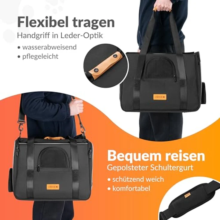 Cadoca Tiertransportbox, faltbare Transporttasche für Hunde und Katzen, anthrazit, mit wendbarem Liegekissen und integriertem Sonnen- und Regenschutz – Bild 5
