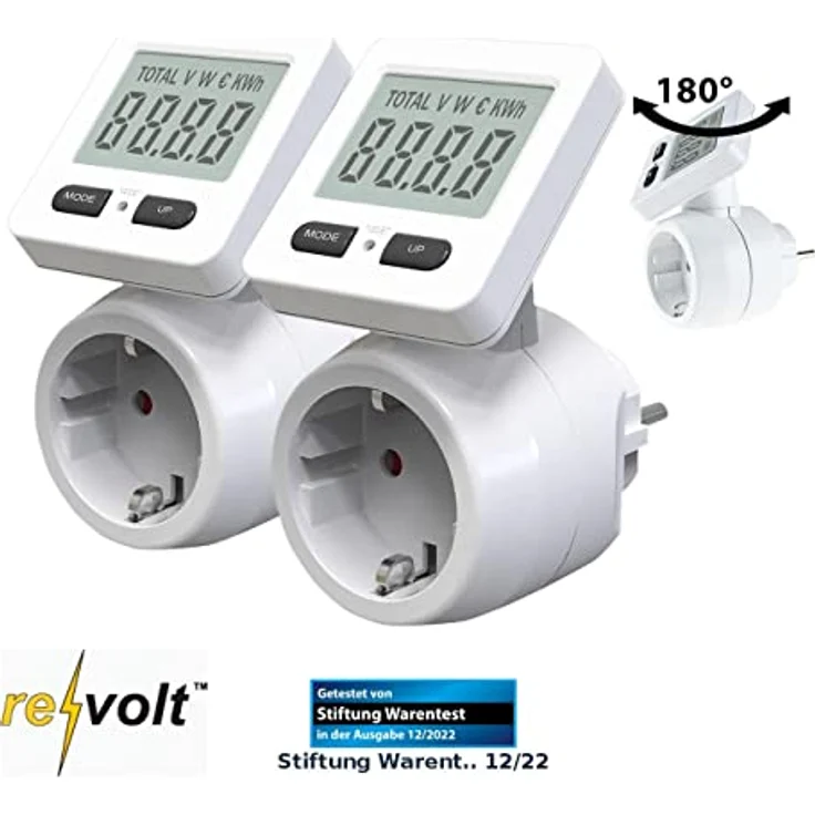 revolt Stromzähler: 2er-Set Digitale Energiekostenmesser, 180° drehbares Display, 3.680 W (Strommesser Steckdose) – Bild 2