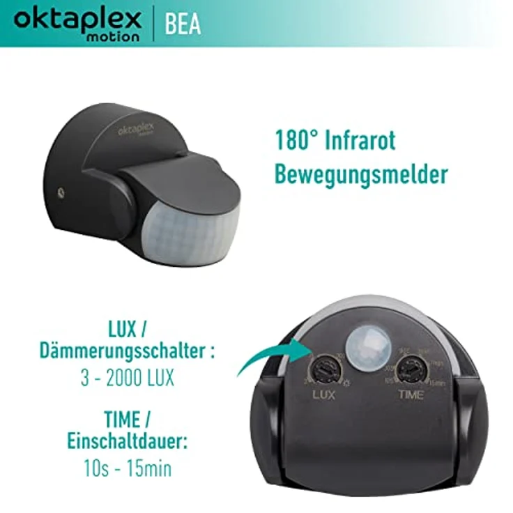 Oktaplex Bea Bewegungsmelder Aussen IP65 schwenkbar 180° Infrarot-Sensor 12m Reichweite 230V anthrazit mit Dämmerungssensor – Bild 3