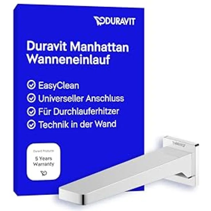 Duravit Manhattan Wanneneinlauf, Badewanneneinlauf mit eckiger Wandabdeckung, Chrom, EasyClean Funktion, für Durchlauferhitzer, 5 Jahre Garantie