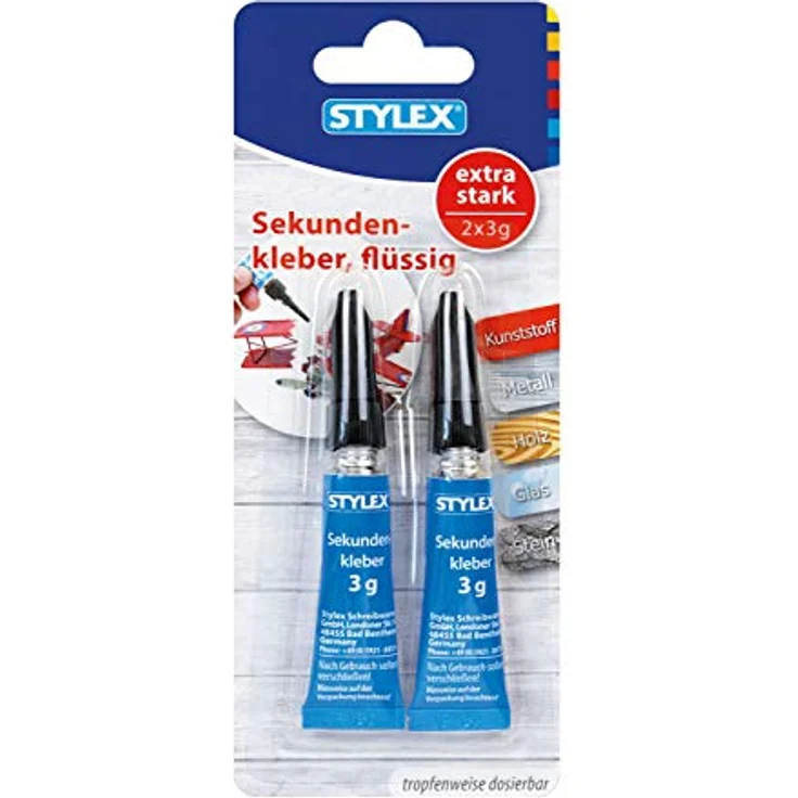 Stylex 31043 - Sekundenkleber, extra stark, 2 Tuben à 3 g, zum Kleben von Kunststoff, Metall, Holz, Glas und Stein, tropfenweise dosierbar – Bild 1