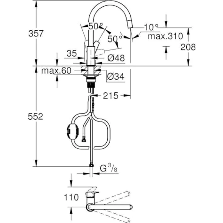 Grohe Start Edge, Einhand-Küchenarmatur Hochdruck, chrom, mit herausziehbarer Laminarbrause und schwenkbarem Auslauf – Bild 2