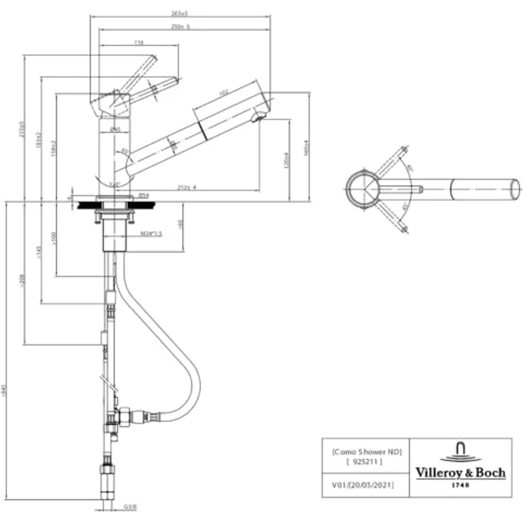 Villeroy & Boch Como Shower Niederdruck Küchenarmatur, Edelstahl Anthracite, ausziehbare Brause, glänzende Oberfläche, Schwenkbereich 120° – Bild 7