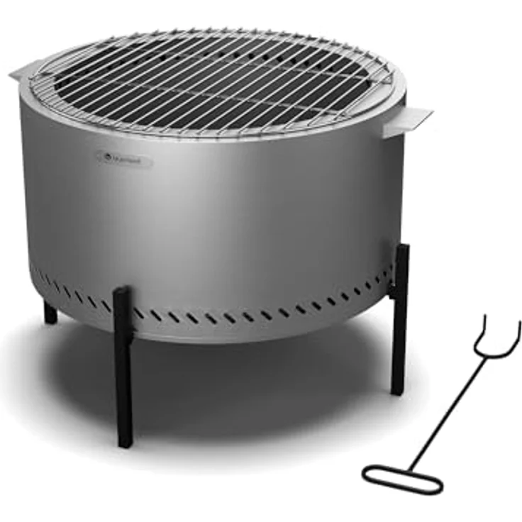 blumfeldt Ignite Pure Feuerschale, fast rauchfrei, Edelstahlrahmen, tragbar & kompakt, inklusive Grillrost & Regenschutz, leicht zu reinigen, perfekt für Garten & Camping – Bild 1