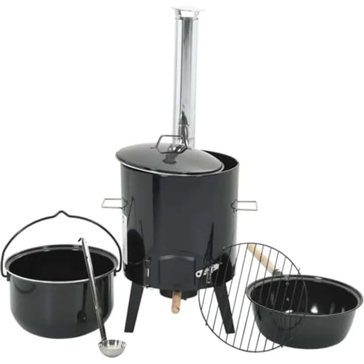 vidaXL Gulaschkanone, Gulaschofen mit Rauchabzug, emaillierter Stahl, für Gartenparty und Camping, Schwarz