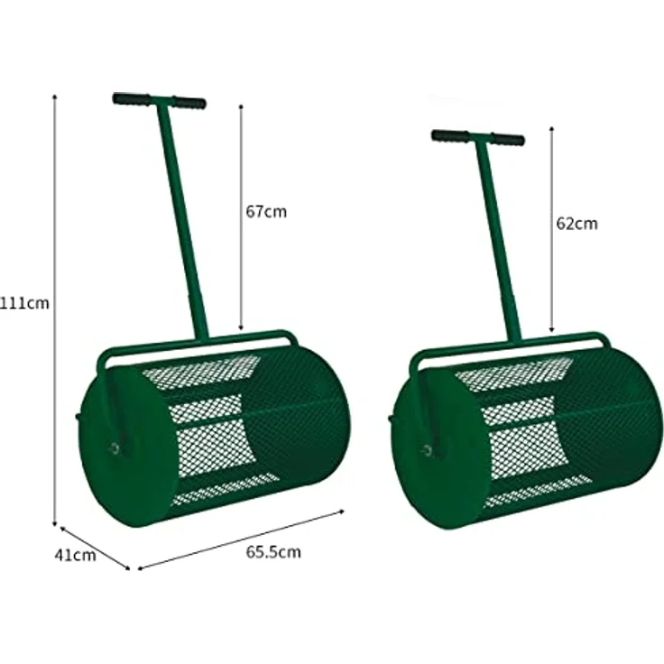 T-Mech 66cm Kompoststreuer Saatgutstreuer Grün Torfmoosstreuer Gartenstreuer Düngerstreuer Roller mit T Griff Garten Rasen Gras Stahl Verlängerbarer Griff 80L Maschenkorb Leichtgewichtig GRATIS Handschuhe – Bild 4