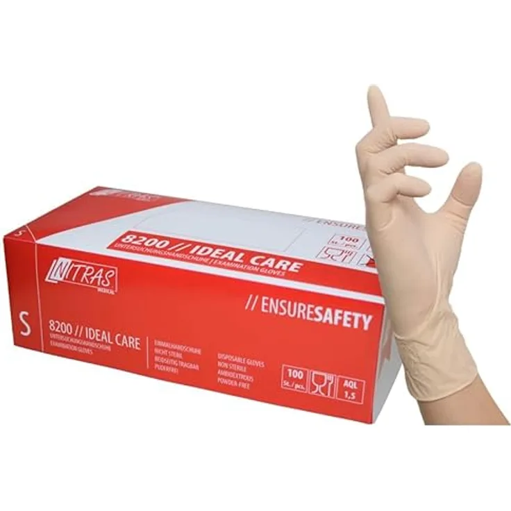 Nitras 8200-M IDEAL CARE Latex Einmalhandschuhe, Unsteril, Rollrand, Puderfrei, Natürlich, M Größe, 100 Stück