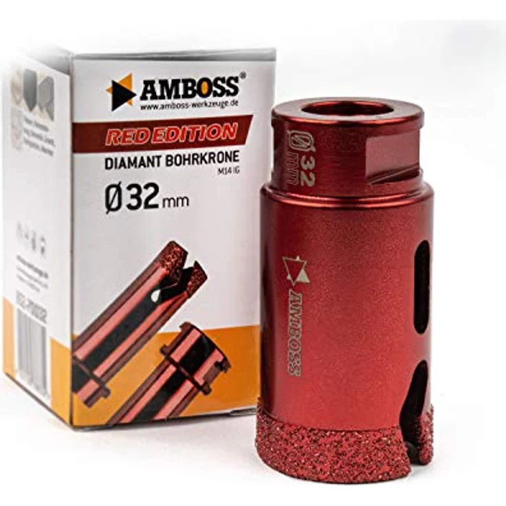 Amboss RED EDITION M14 Diamant Bohrkrone - für Winkelschleifer - Feinsteinzeug, harte Fliesen, Granit/Die ideale Trockenbohrkrone (Ø 32 mm) – Bild 1